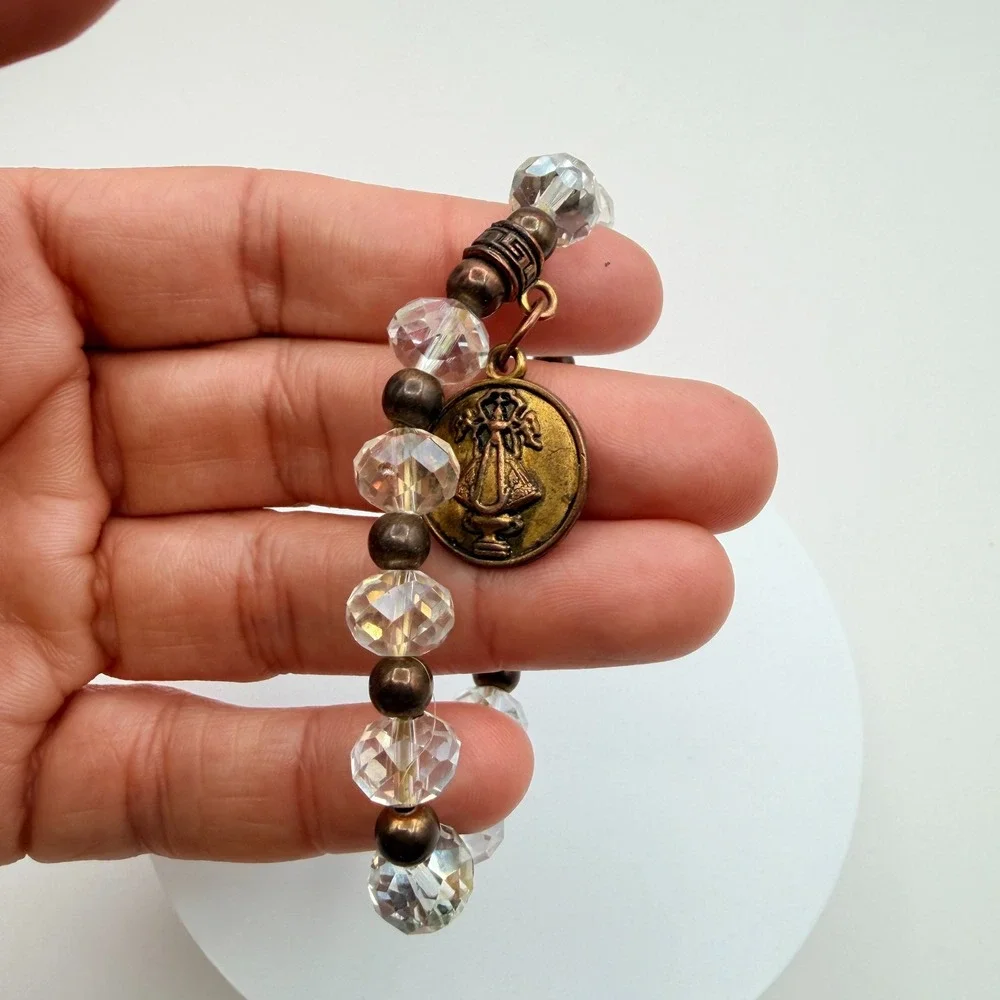 Vintage 80s Clear Beaded Stretch Bracelet Bronze Saint Medal Charm Retro Jewelry